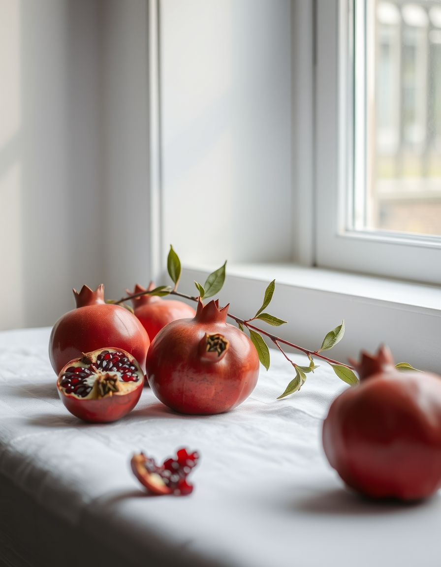 Main painting studio: a still life of pomegranates on a linen cloth, soft window light