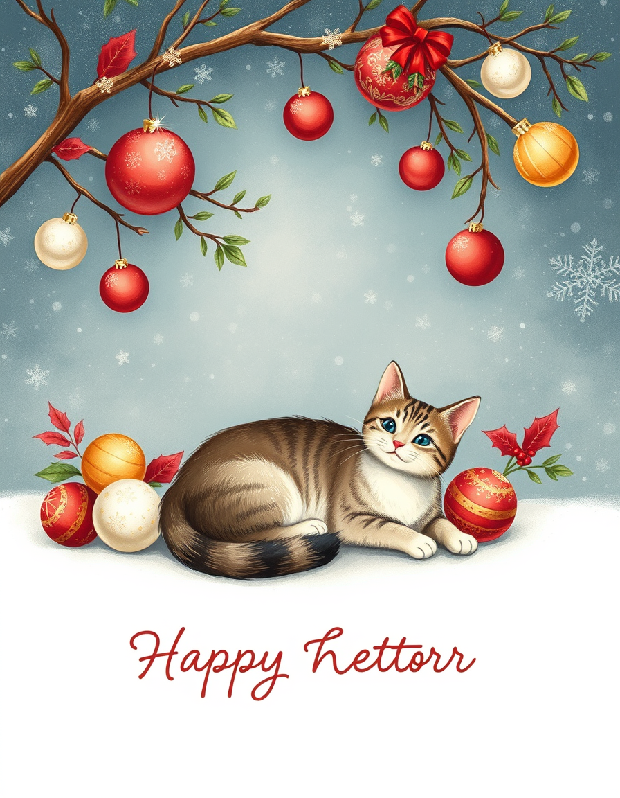 Greeting Cards idea: greeting card design, warm illustration, space for message, weihnachtsbaum mit silbernen und roten Kugeln davor liegend eine 3 farbige Katze , printab