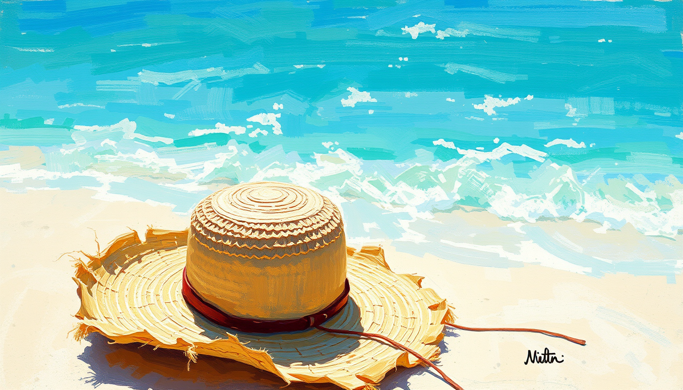 Main painting studio: impressionist beach scene, straw hat, loose visible brushstrokes, summer light