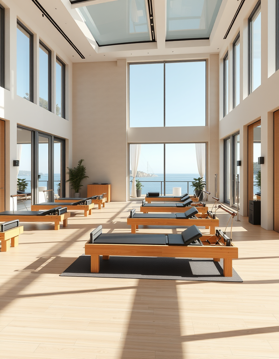 Main painting studio: Génère une photographie d'intérieur photoréaliste d'un studio de Pilates haut de gamme appartenant à MARÉA, un club privé de fitness et de wellness à