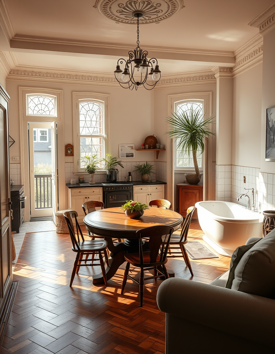 Room Design idea: AI room design, full room layout furniture and lighting, photorealistic interior render, Abgenutzte Altbauwohnung, Parkettboden, Stuckdecke, Jahrhunde