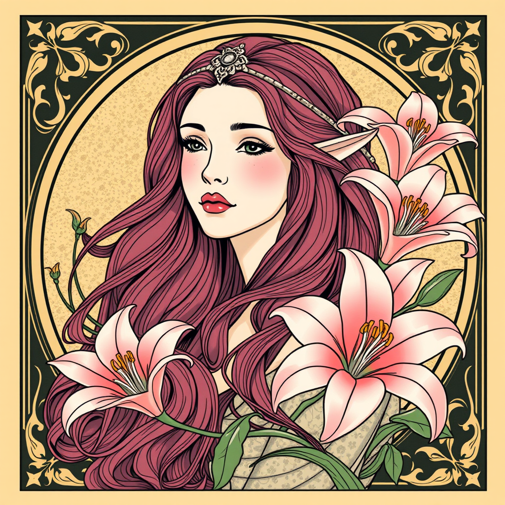 Art Nouveau idea: art nouveau illustration, flowing organic lines, decorative panel borders, ornamental floral motifs, An Elven woman with long wavy dark pink hair wear