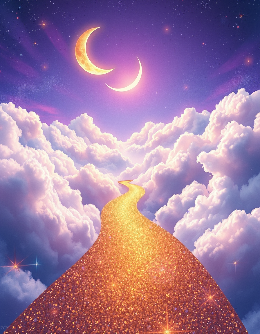 Book Covers idea: cover-ready concept art organized around genre, focal point, and title-safe space, deliberate composition, A breathtaking view of a path made of shimm