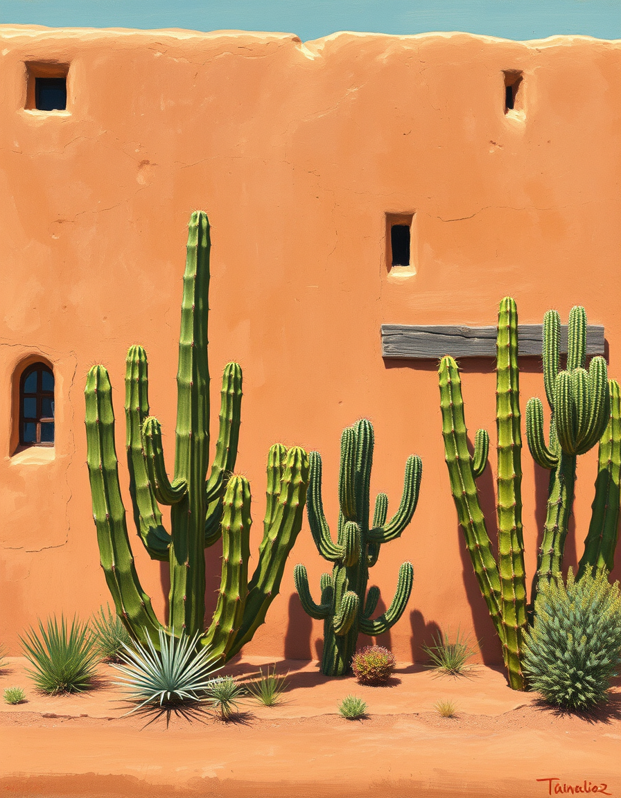 Main painting studio: Dipinto a olio in stile vintage raffigurante una tipica architettura del sud-ovest americano, ispirata alle case in adobe del New Mexico. Una parete d