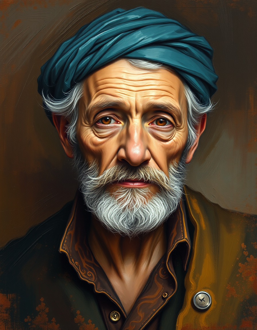 Photo To Paintings idea: painting from the photo, rich brushstrokes, painterly texture, un retrato de un anciano al óleo con luz cálida de claroscuro y rica textura de impasto