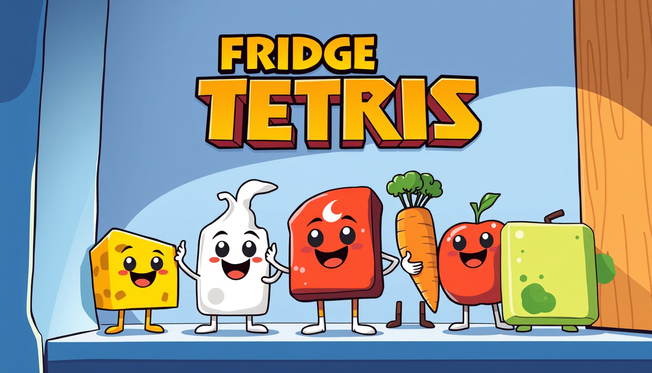 Comic Art idea: comic art, bold ink lines, halftone shading, dynamic composition, Pixar-style 3D animated banner for a puzzle game "Fridge Tetris": no text, cute smil