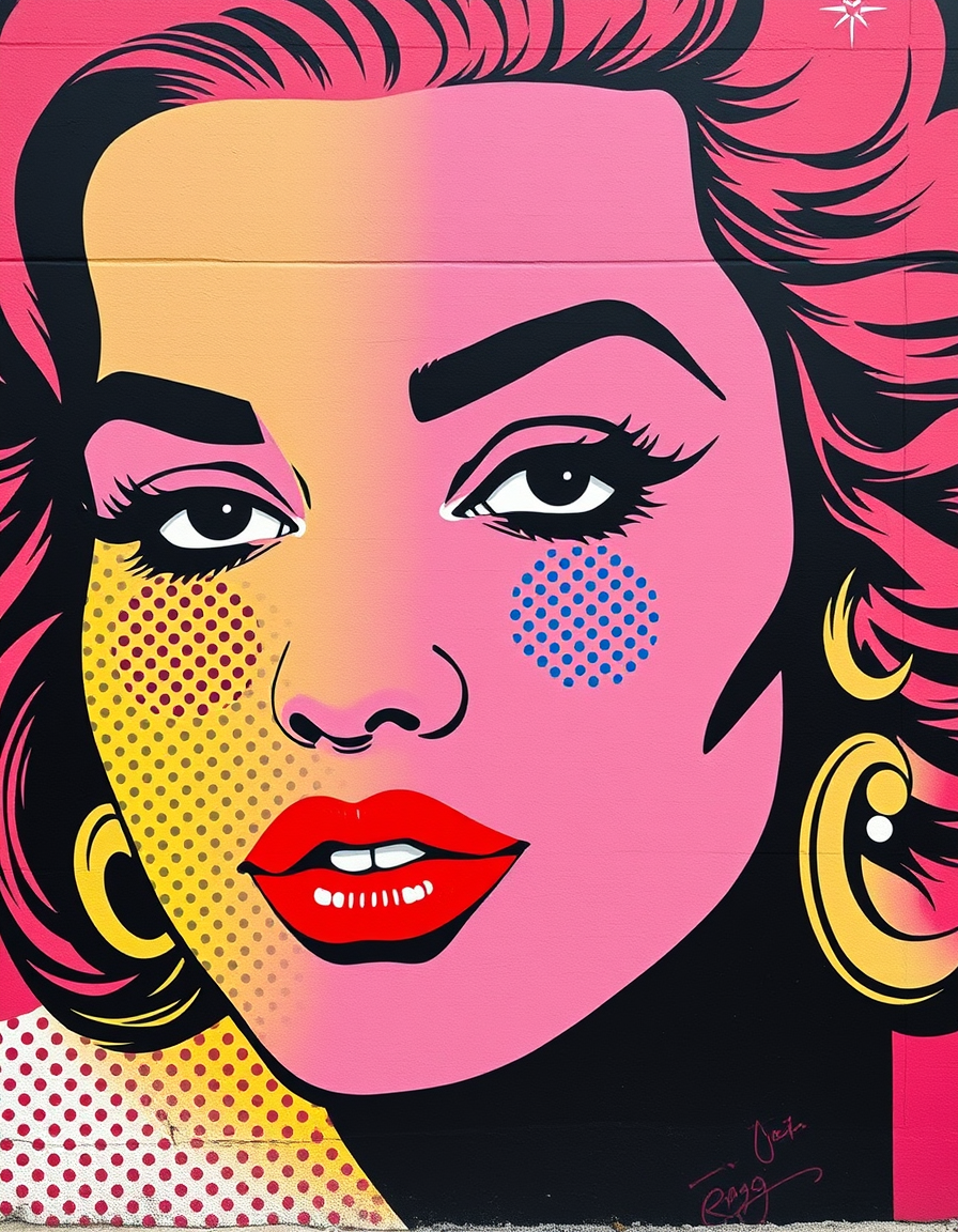 Pop Art idea: pop art style, bold flat colors, Ben-Day dots, comic-book half-tone, high-contrast subject, Quero um mural tipo POP ART como os desenhos de quadradinh