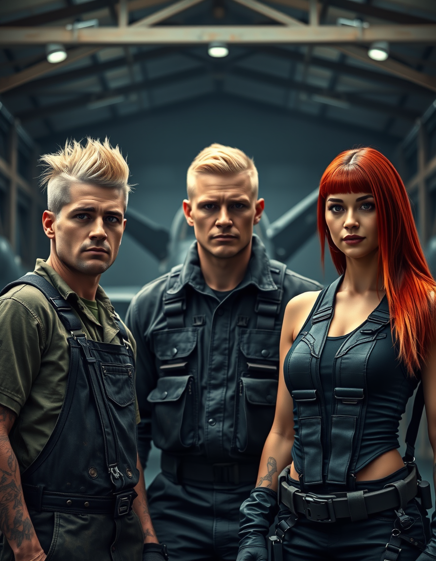 Main painting studio: Cinematic group portrait of three military figures in a hangar. On the left, a blonde male soldier with a short mullet haircut, heavy arm tattoos, wea
