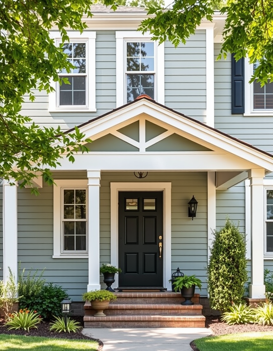 Exterior Paint idea: home exterior paint visualization, preserve architecture and landscaping, recolor siding trim and front door, A white craftsman house with sage green