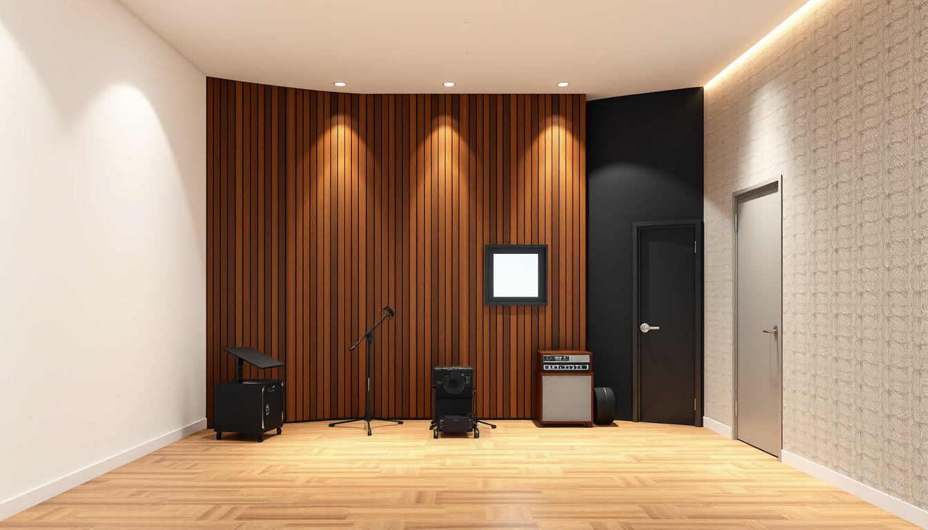 Room Design idea: AI room design, full room layout furniture and lighting, photorealistic interior render, Photorealistic 4x2.6m music studio. White ceiling: left side