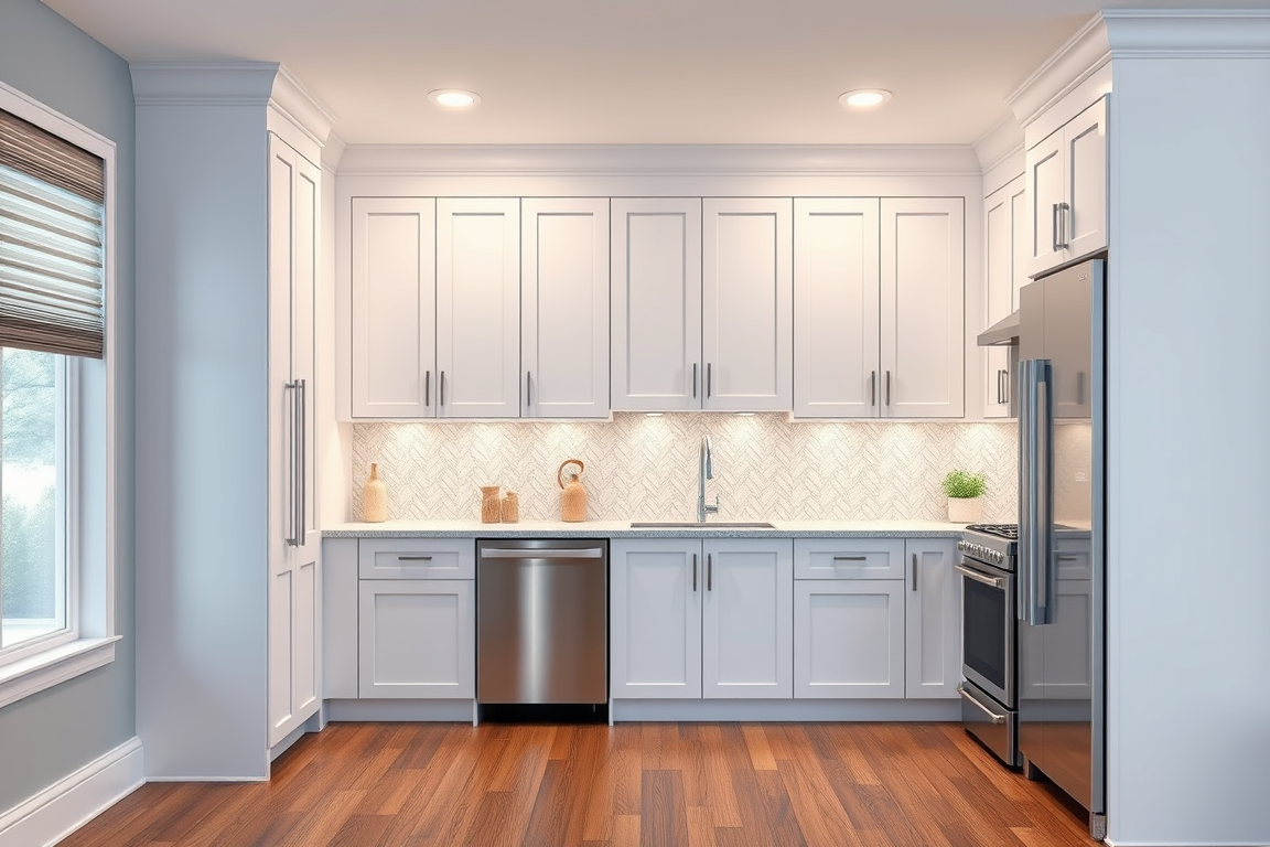 Kitchen Design idea: AI kitchen design, modern cabinetry countertops and lighting, photorealistic interior render, 9ft tall, 4ft wide, 15in, deep built in inset shaker sty