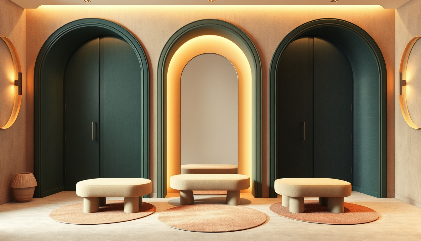 Interior Design idea: AI interior design, cohesive furniture layout decor and lighting, photorealistic interior render, KSYUTÀ fitting rooms: three rounded doors in deep mo