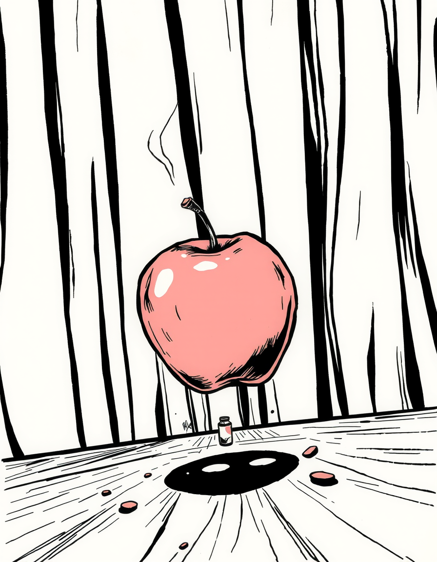 Comic Art idea: comic art, bold ink lines, halftone shading, dynamic composition, An apple falling off the table , graphic novel illustration, comic panel ready