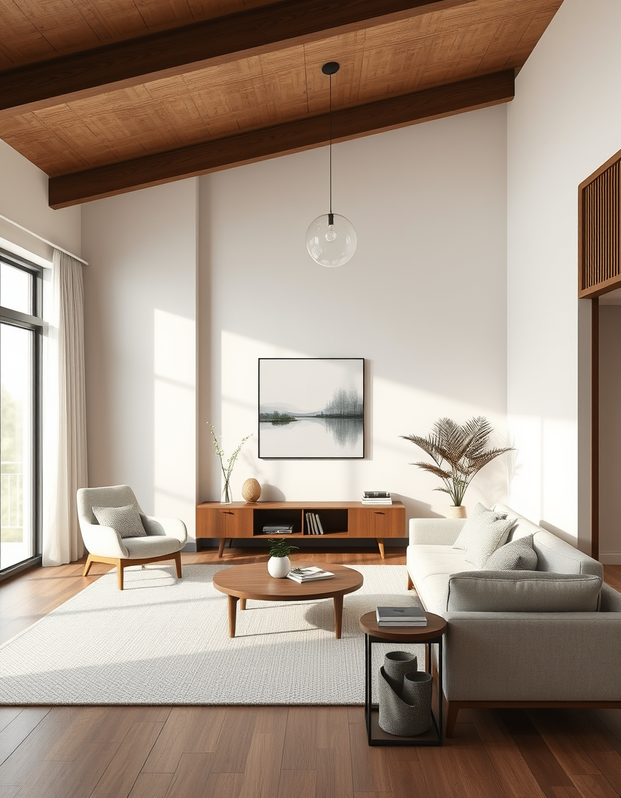 Interior Design idea: AI interior design, cohesive furniture layout decor and lighting, photorealistic interior render, a Japandi living room with low walnut furniture, whi