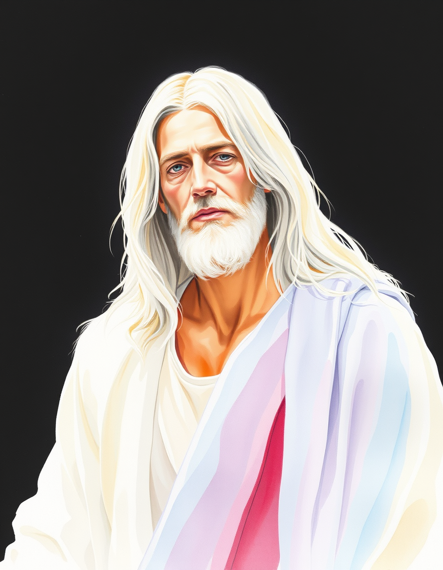 Main painting studio: Watercolor Jesus, white hair down to shoulders, white robe no features only light coming from his face.