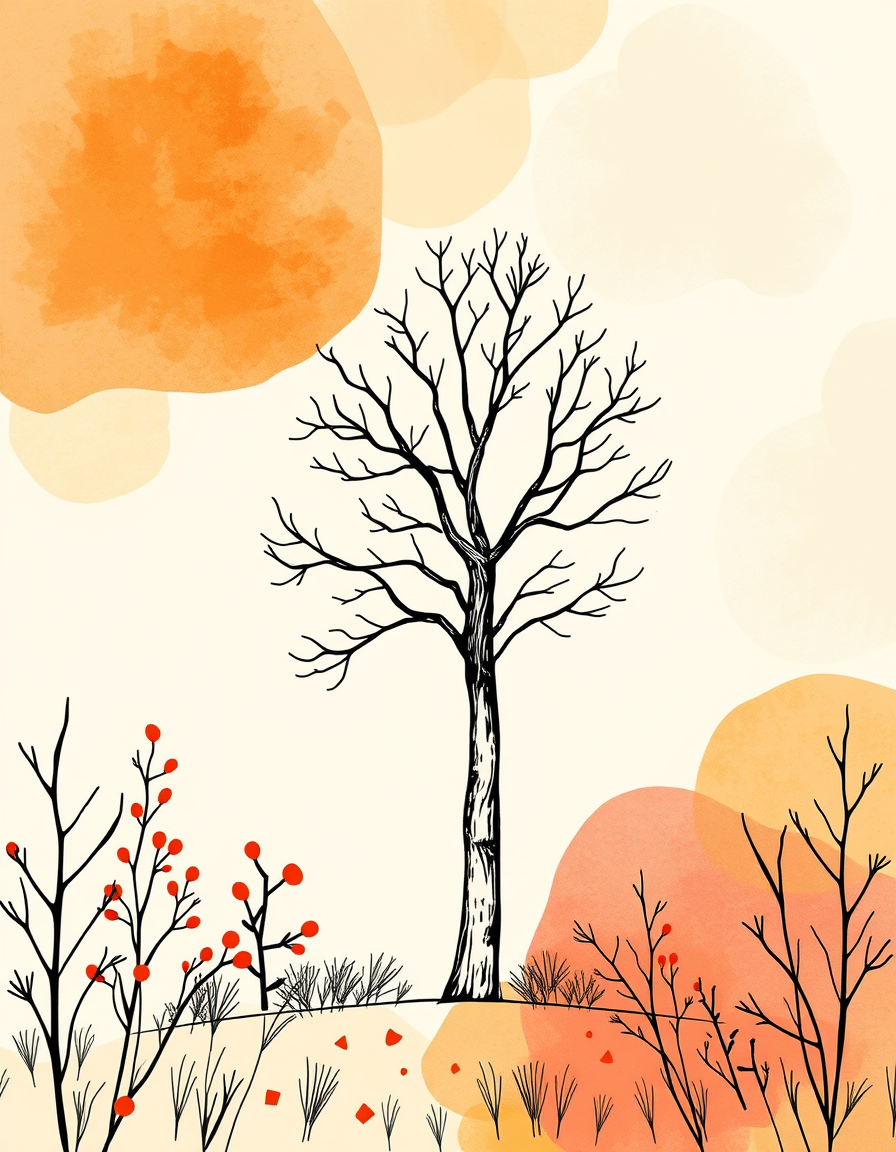 Greeting Cards idea: greeting card design, warm illustration, space for message, sketch tree , printable greeting card