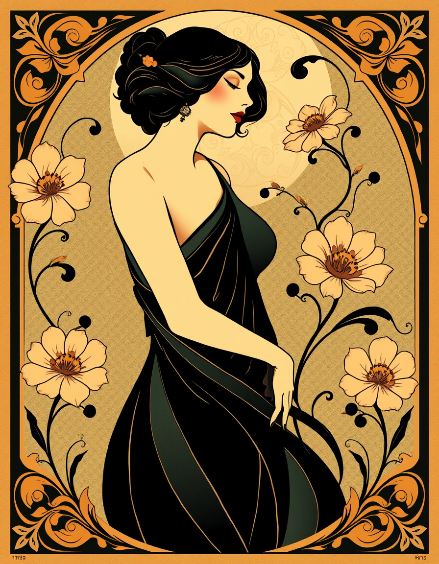 Art Nouveau idea created from the prompt: art nouveau illustration, flowing organic lines, decorative panel borders, ornamental floral motifs, 1930s abstract woman , inspired by Alph