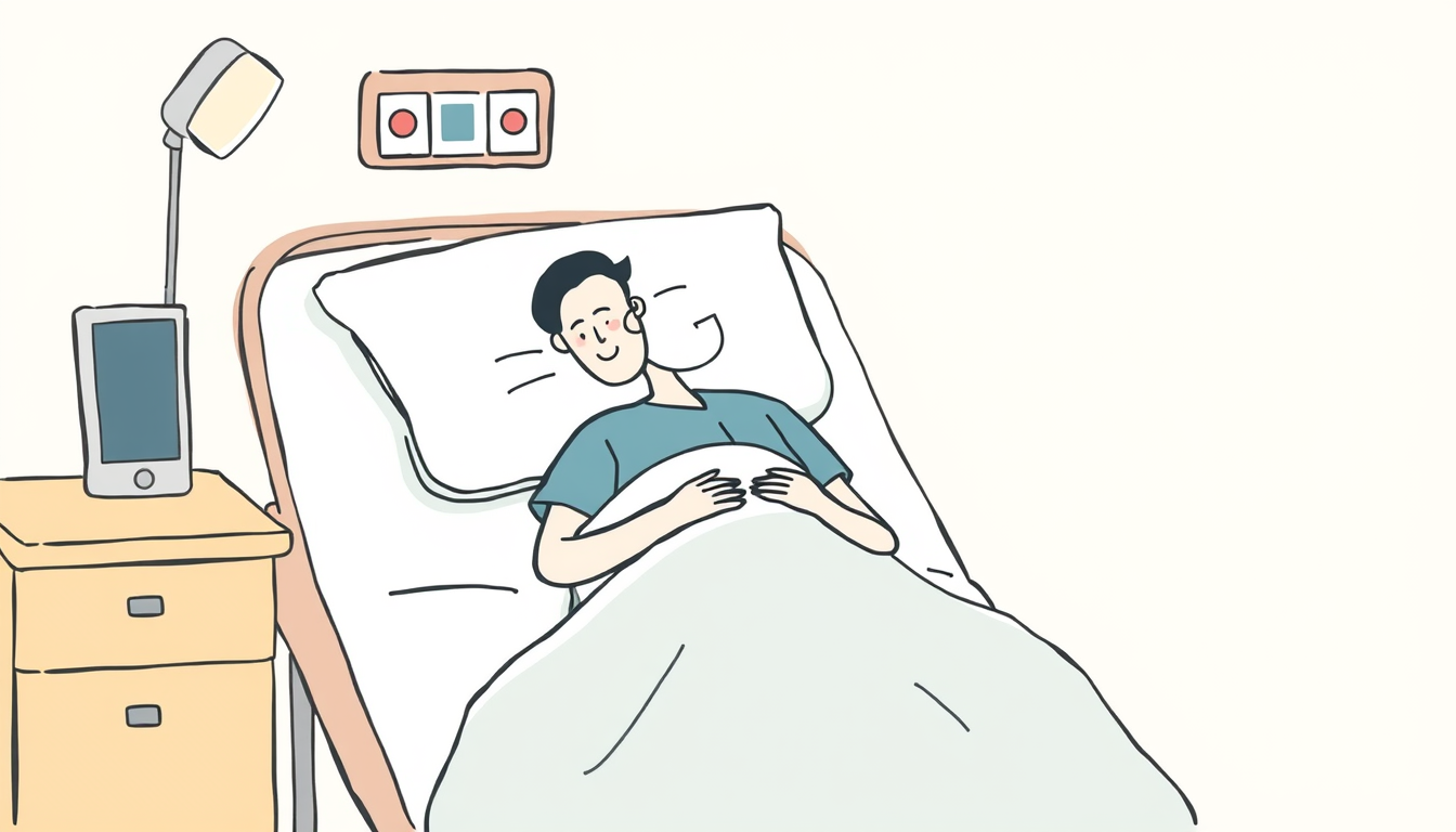 Greeting Card idea created from the prompt: greeting card design, warm illustration, space for message, A hand drawn figure of a man in a hospital bed with space for a message , printa