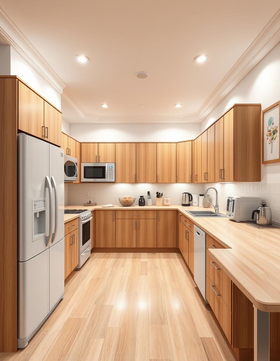 Room Design idea: AI room design, full room layout furniture and lighting, photorealistic interior render, Spacious, cozy light brown and white kitchen, oak cabinets, b