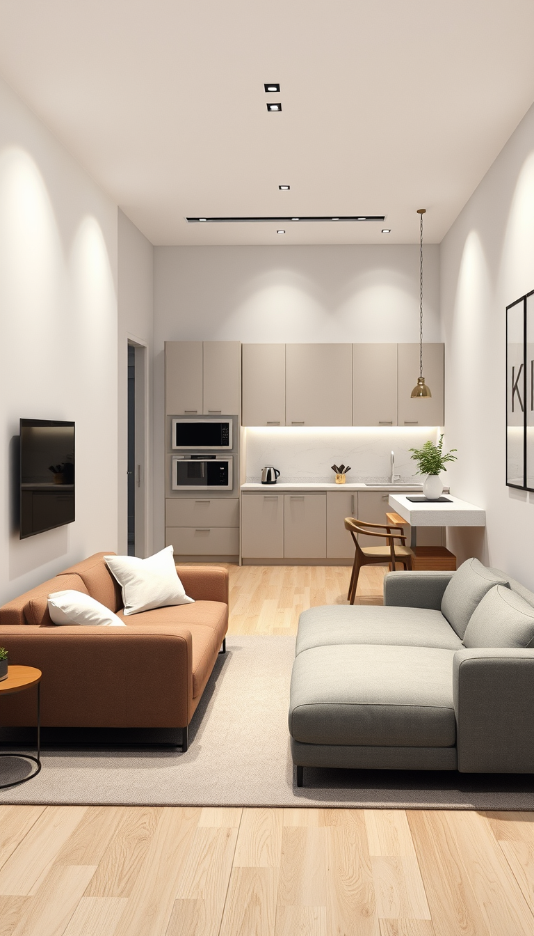 Interior Design idea: AI interior design, cohesive furniture layout decor and lighting, photorealistic interior render, "Small open-plan studio. Full back wall kitchen, lef