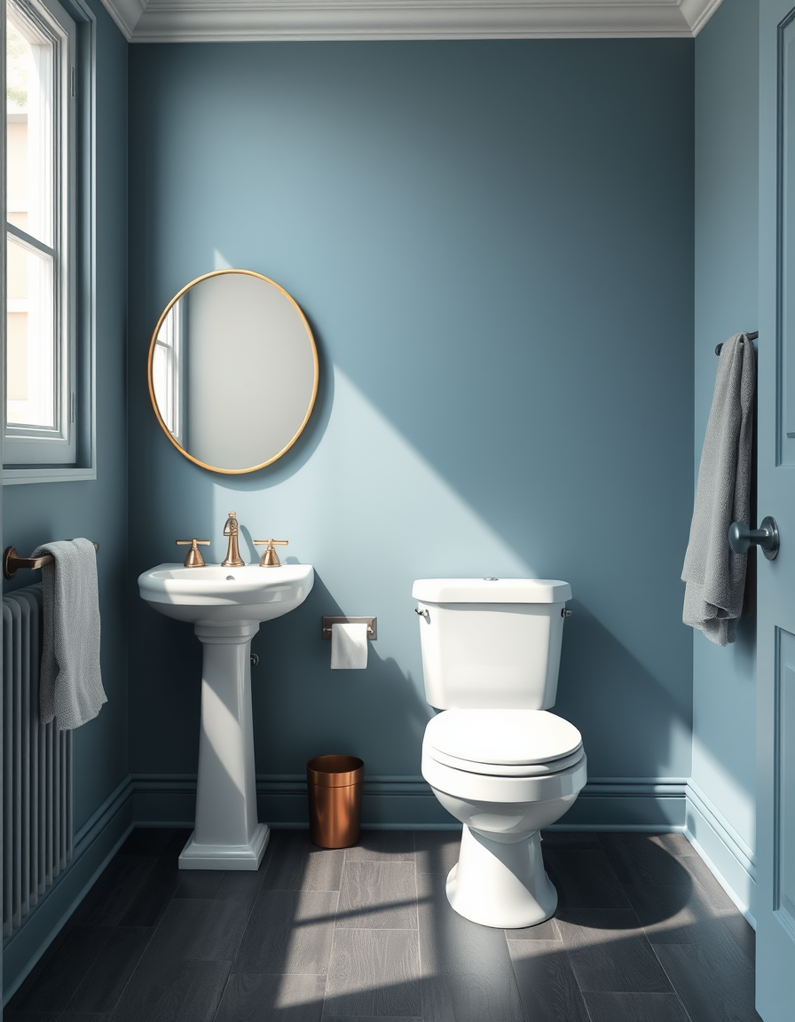 Paint Color idea: room repainted in a new wall color from the photo, accurate paint finish, photorealistic interior render, toilet wall painted in dusty blue, eggshell