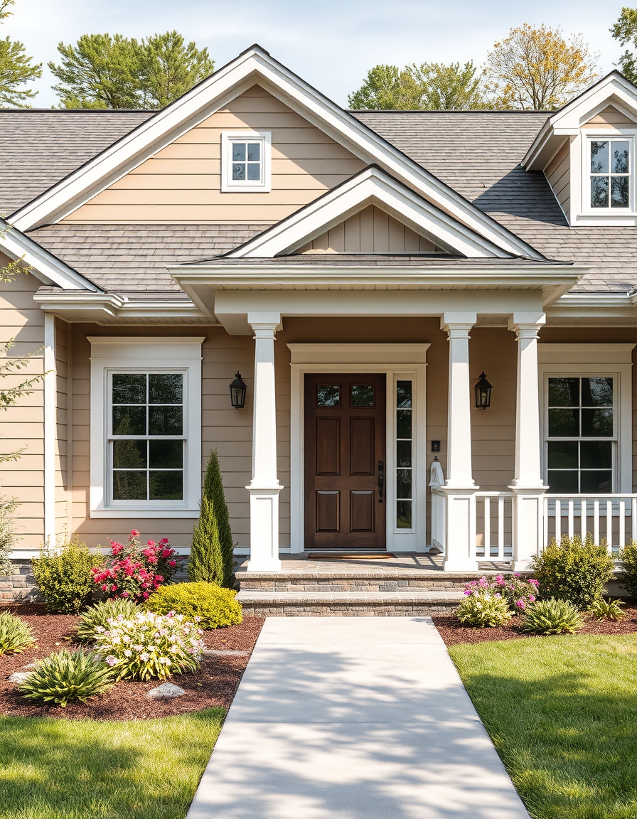 Exterior Paint idea: home exterior paint visualization, preserve architecture and landscaping, recolor siding trim and front door, Ceglany dom parterowy (typu ranch) z oki