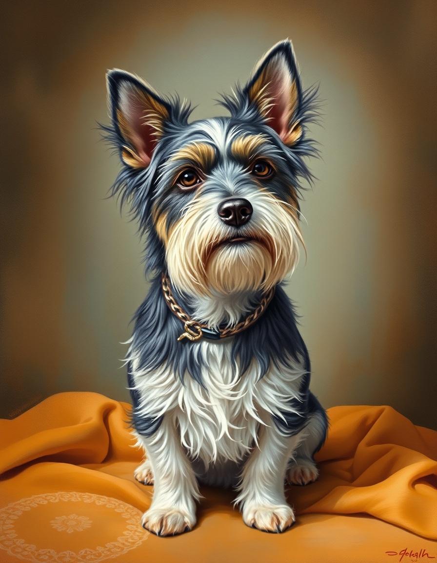 AI Painting prompt example created from the prompt: painted pet portrait, classical pet-portraiture composition, warm gallery lighting, oil or watercolor finish, a scruffy terrier in a vintage