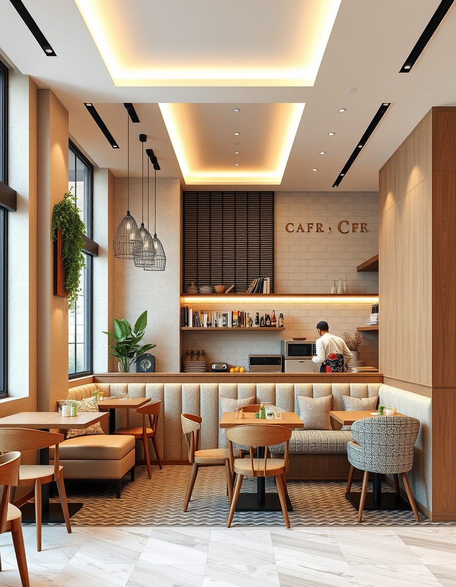 Interior Design idea: AI interior design, cohesive furniture layout decor and lighting, photorealistic interior render, Make cafe and restaurant in modern design with sitti