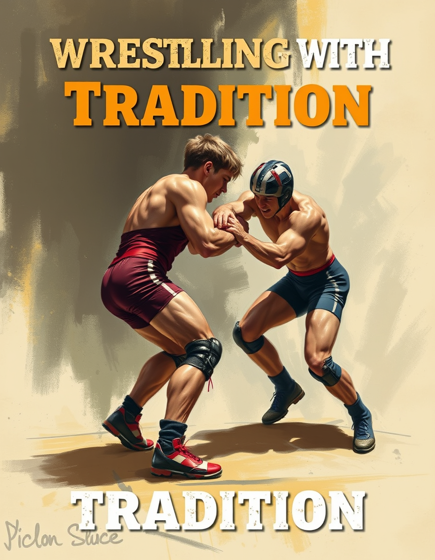 Book Covers idea: cover-ready concept art organized around genre, focal point, and title-safe space, deliberate composition, Wrestling With Tradition An Iowa High Schoo