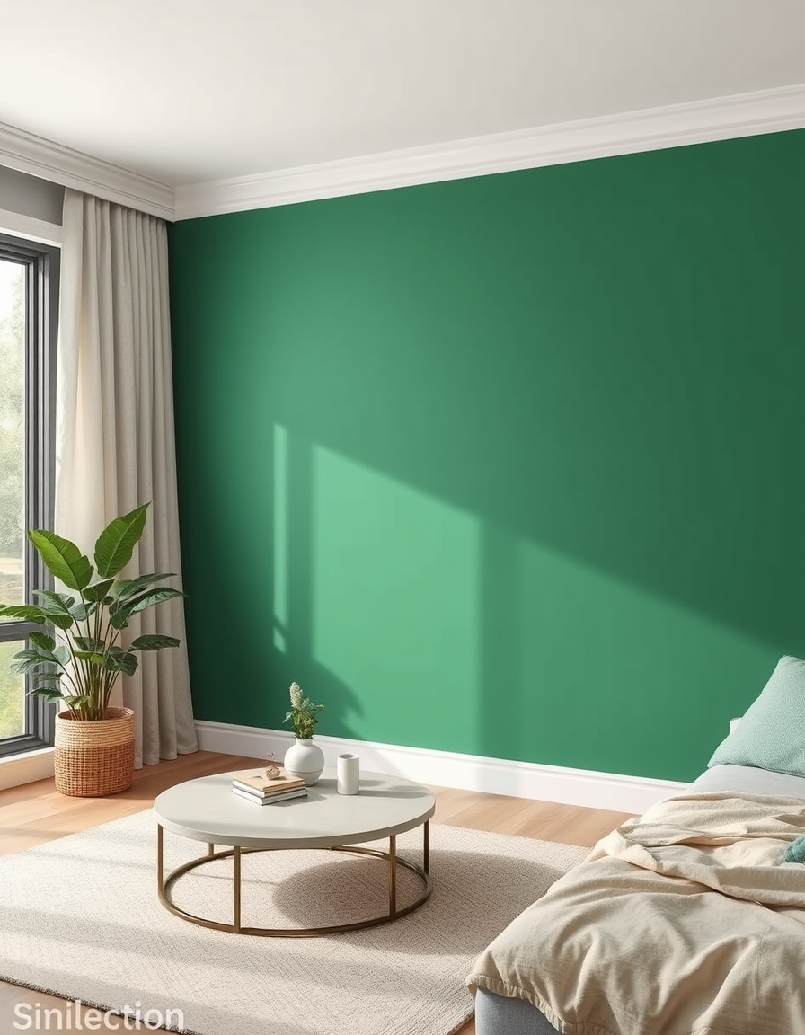Paint Color idea: room repainted in a new wall color from the photo, accurate paint finish, photorealistic interior render, paint the walls a hunter green color , paint