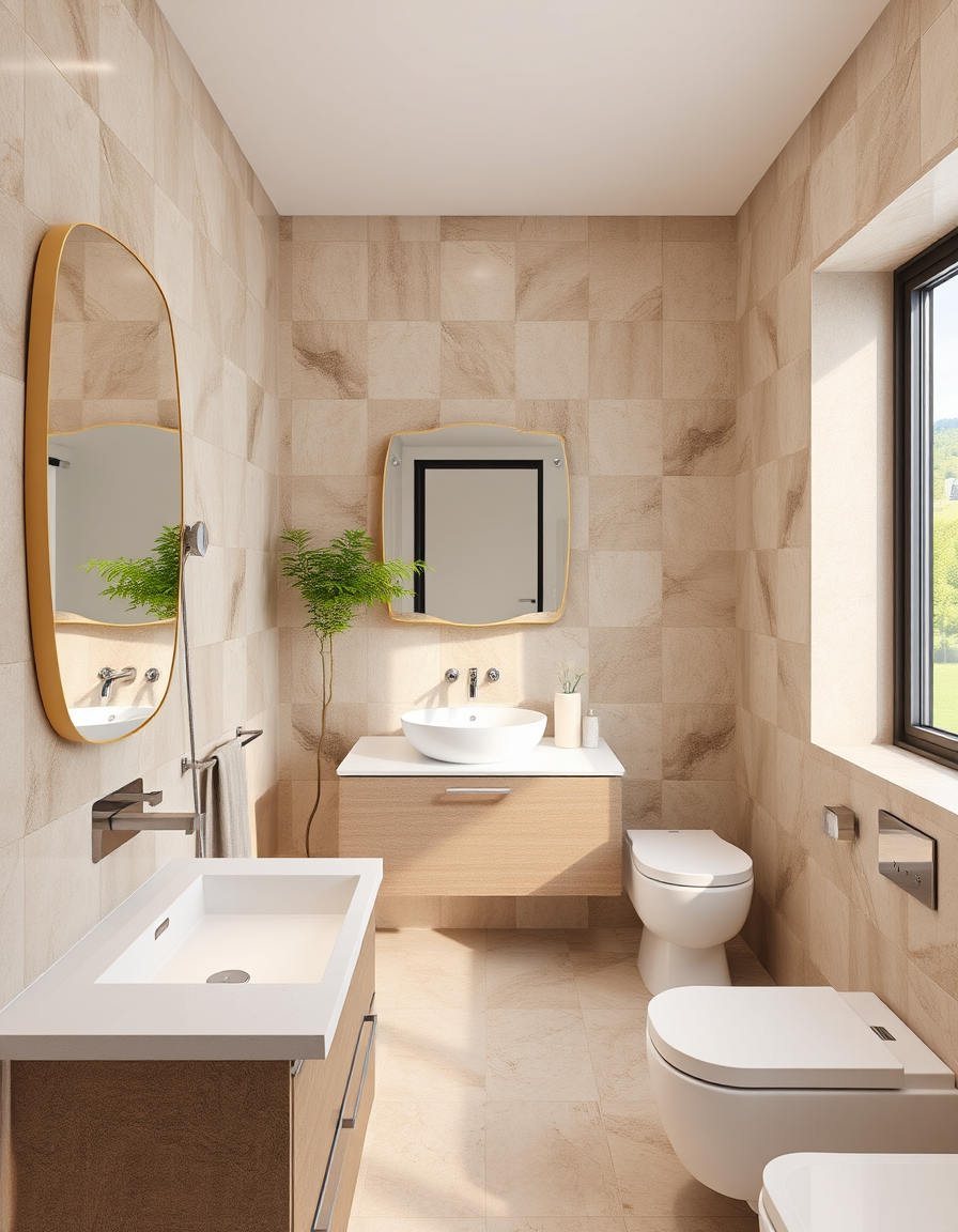 Bathroom Design idea: AI bathroom design, tiled surfaces vanity and fixtures, photorealistic interior render, اريد حمام بمساحة 3*4 مغسلة رخام و مودرن مع حائط رخام نفس التعر