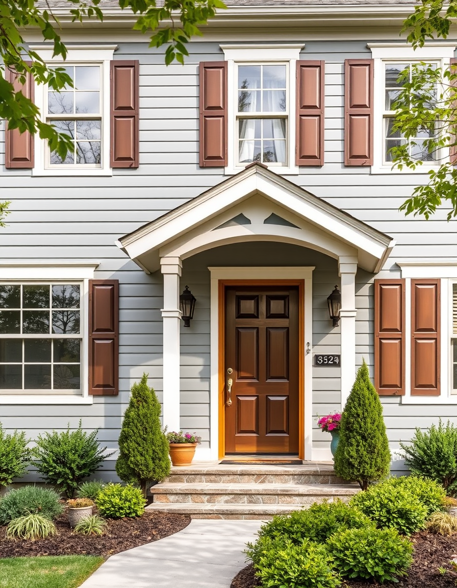 Exterior Paint idea: home exterior paint visualization, preserve architecture and landscaping, recolor siding trim and front door, house with agreeable gray siding, bronze