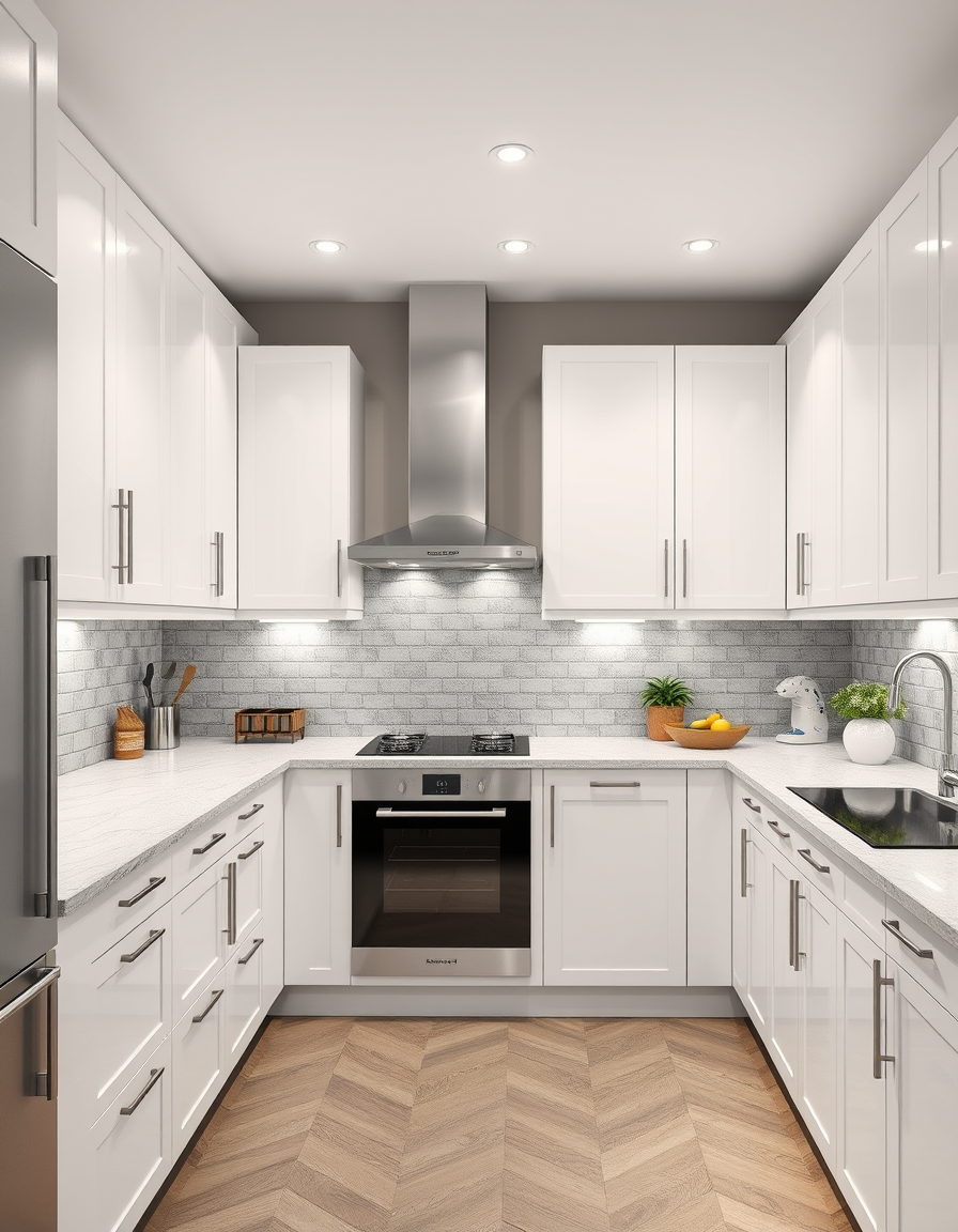 Kitchen Design idea: AI kitchen design, modern cabinetry countertops and lighting, photorealistic interior render, kuchnia o długości 3,30 m, szafki białe z frezowanymi uc