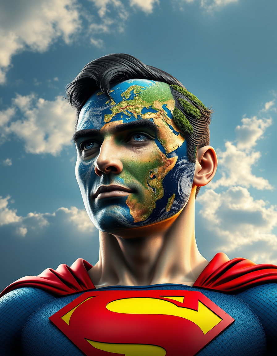 Main painting studio: Create a comic-style image inspired by the environment; use a comic-book-style Earth for the face, making it a humanoid figure inspired by Superman.