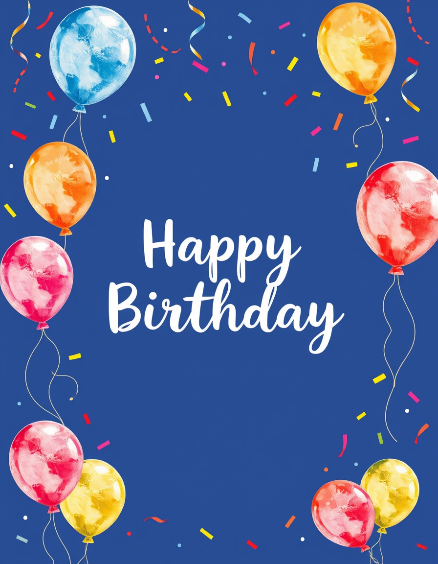 Birthday Cards idea: birthday card design, cheerful festive artwork, space for greeting, colorful balloons and confetti, watercolor style, bright and festive , printable b