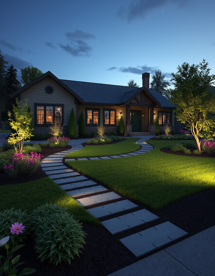 Landscape Design idea: AI landscape design, yard layout plants hardscape and lighting, photorealistic render, ok so on the ;eft of this phot is a butterfly plant the design 