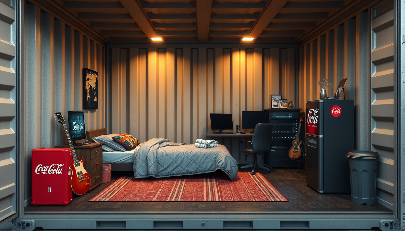 Room Design idea: AI room design, full room layout furniture and lighting, photorealistic interior render, inside of a cargo container designed for a solo military of t
