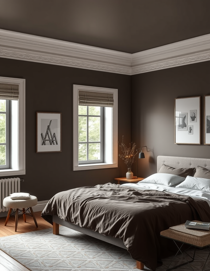 Paint Color idea: room repainted in a new wall color from the photo, accurate paint finish, photorealistic interior render, Schlafzimmer in braun/grau , paint color vis