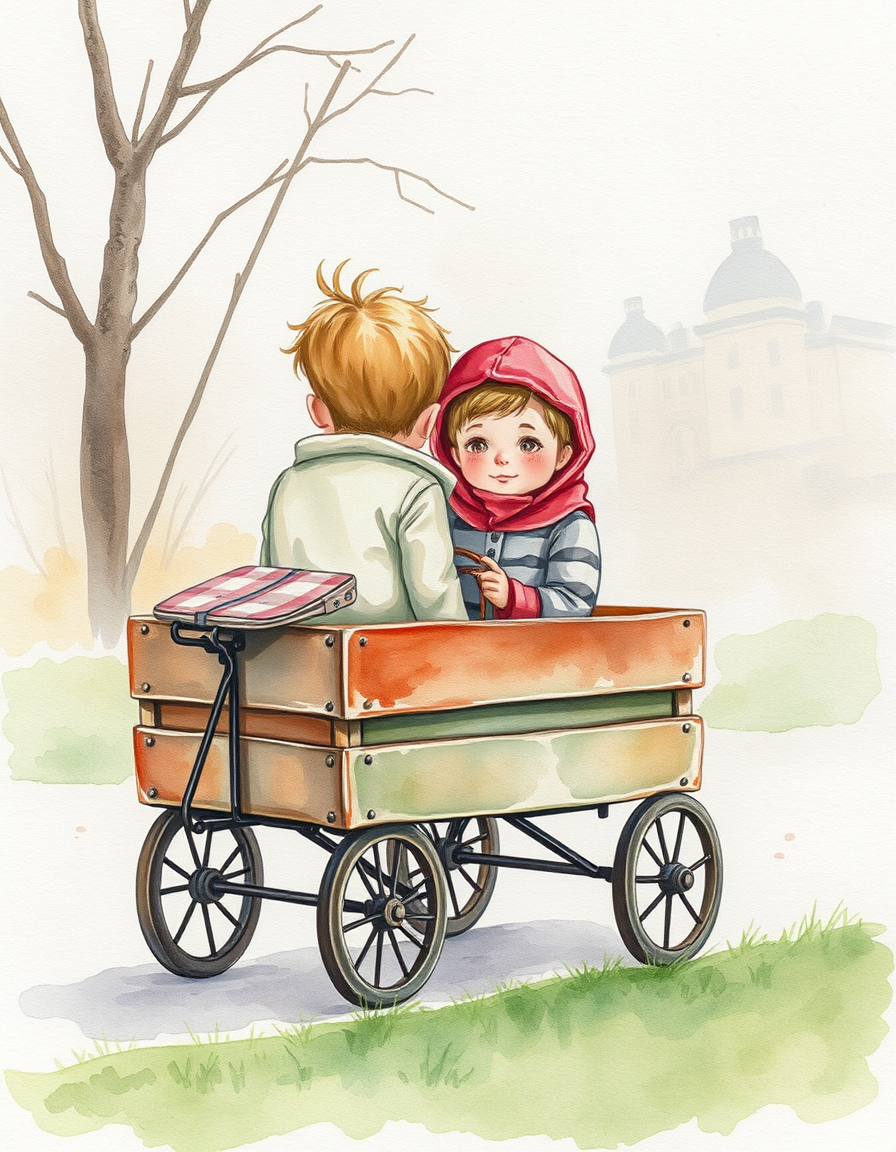 Picture Into Watercolor idea: turn picture into watercolor, transparent washes, paper texture, soft pigment edges, Zwei Kinder in einem Bollerwagen, den zwei Kinder ziehen , delica