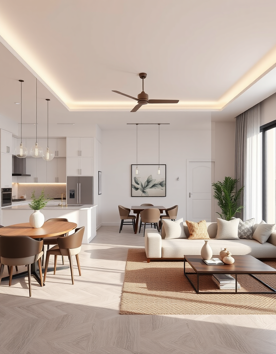 Interior Design idea: AI interior design, cohesive furniture layout decor and lighting, photorealistic interior render, uma cozinha americana e sala de estar integradas, cl