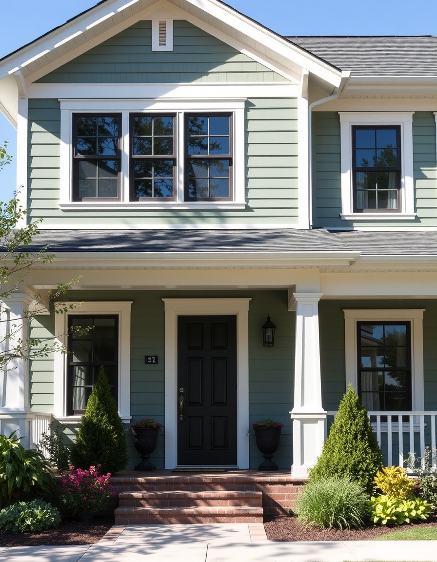 Exterior Paint idea: home exterior paint visualization, preserve architecture and landscaping, recolor siding trim and front door, A white craftsman house with sage green