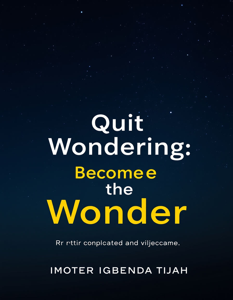 Book Covers idea: book cover composition, vertical 2:3 format, title-ready negative space at top, evocative subject, Quit Wondering, Become the Wonder, subtitle; from c