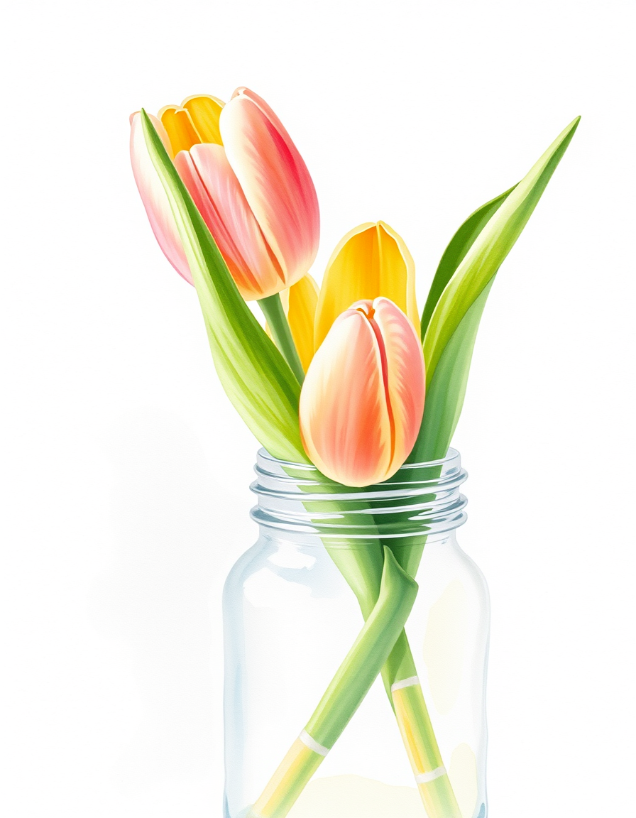 Main painting studio: a single tulip in a glass jar, soft watercolor wash
