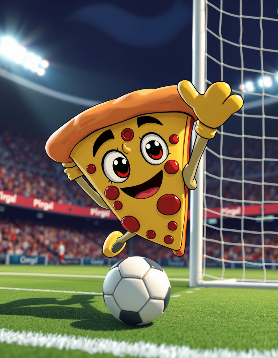 Comic Art idea: comic art, bold ink lines, halftone shading, dynamic composition, 3D cartoon render, cute pizza slice character as a football goalkeeper diving to sav