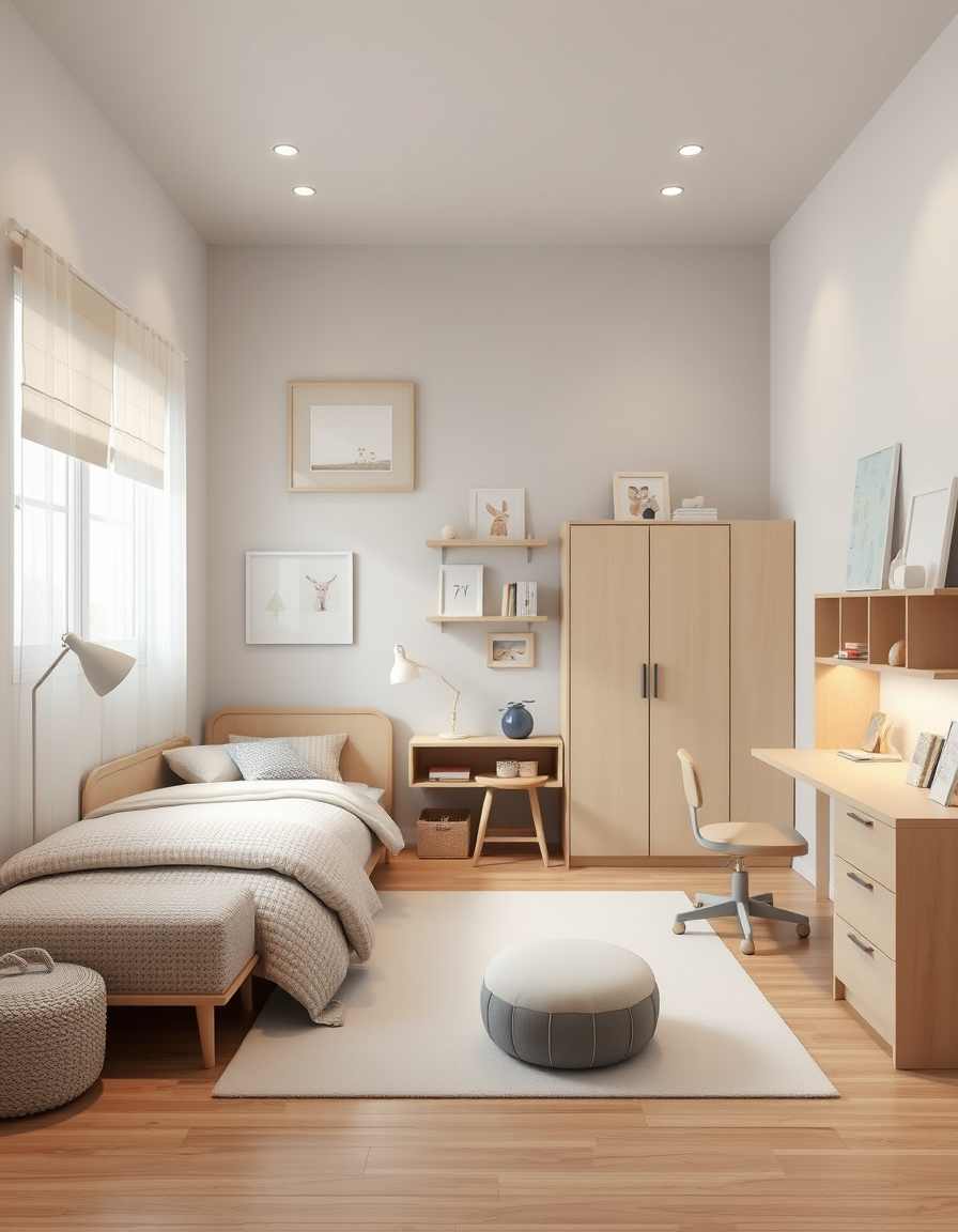 Room Design idea: AI room design, full room layout furniture and lighting, photorealistic interior render, habitación infantil con cama de 90x190 con canapé, escritorio