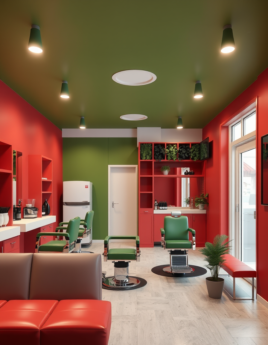 Interior Design idea: AI interior design, cohesive furniture layout decor and lighting, photorealistic interior render, barber chairs and wall units Red partition walls Gre