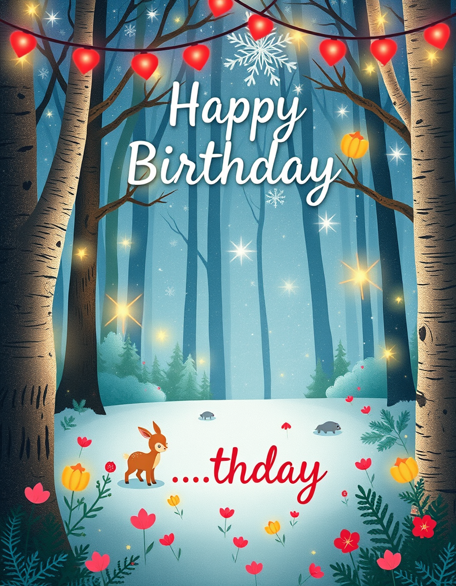 Birthday Cards idea: birthday card design, cheerful festive artwork, space for greeting, magische Waldszene mit Glühwürmchen und Feenlichtern, verträumt , printable birthd