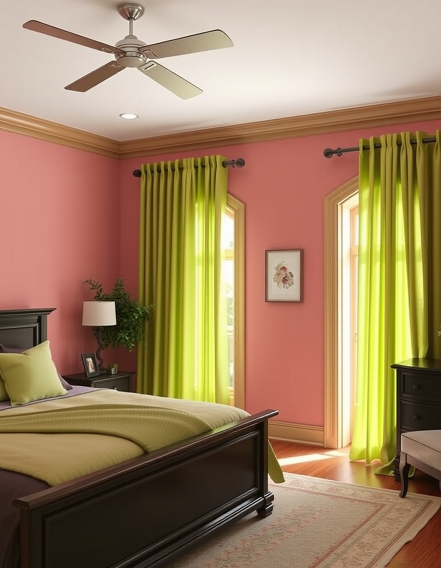 Paint Color idea: room repainted in a new wall color from the photo, accurate paint finish, photorealistic interior render, master bedroom with rachel pink walls, total