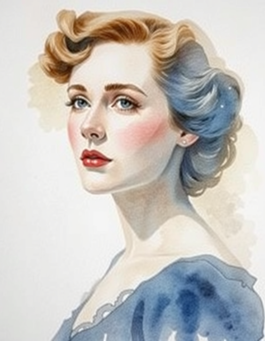 Picture Into Watercolor idea: turn picture into watercolor, transparent washes, paper texture, soft pigment edges, portrait of a 1930s woman , delicate watercolor painting, luminou