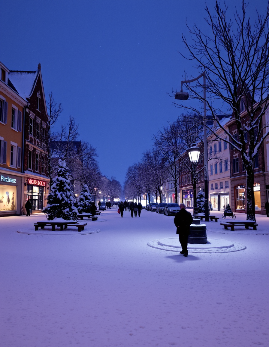 Main painting studio: square de picardie sous la neige bleue à la tombée de la nuit